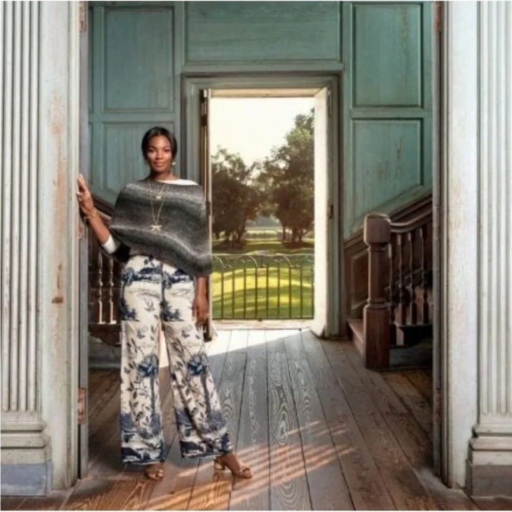 Spartina 449 Maude Palazzo Wide-Leg Pants Tropical Landscape Print Cream Navy, L - Picture 4 of 15